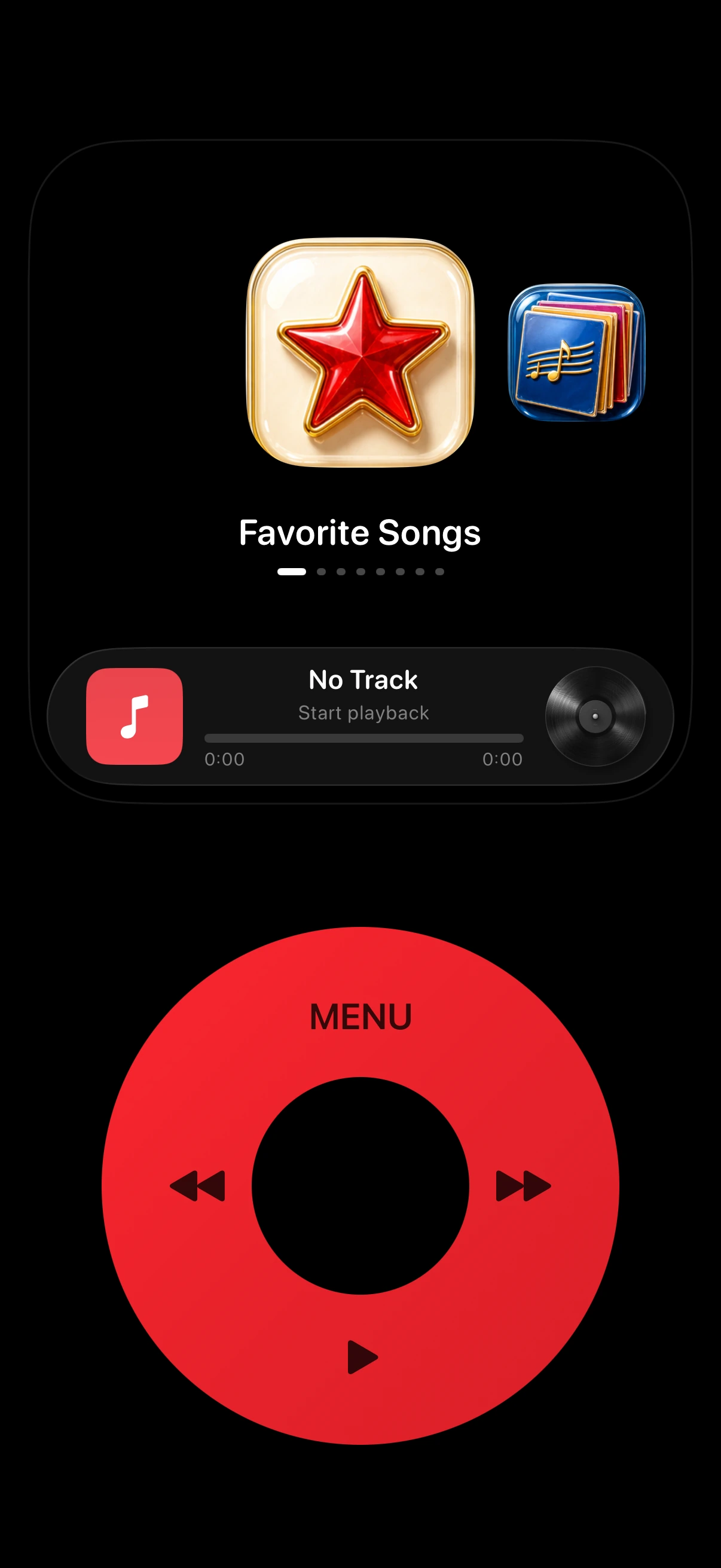 MusicPod home screen with Favorite Songs, a mini player, and a red click wheel